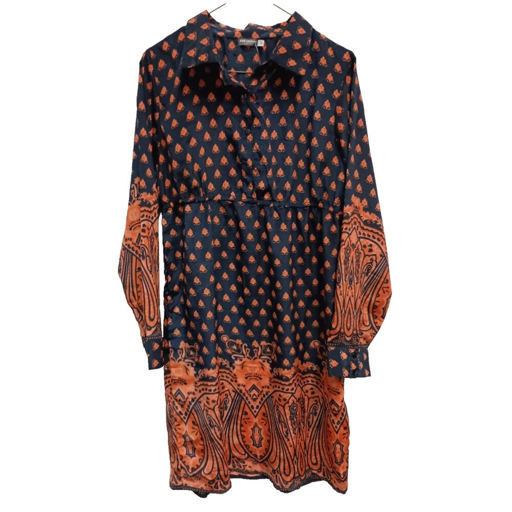 Earthbound Trading Co. Dress XL Orange Navy Floral BOHO Empire Waist NEW